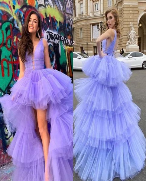 

chic lavender high low prom dresses with deep v neck beadings tiered layers tulle girls pageant gowns vestidos back party dre7710808, Black