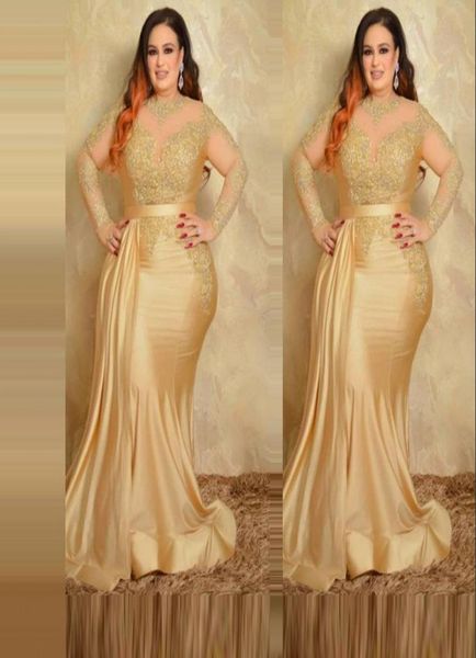 

2021 arabic plus size mermaid evening dresses wear jewel neck gold long sleeves lace appliques sweep train formal dubai abaya8714272, Black;red