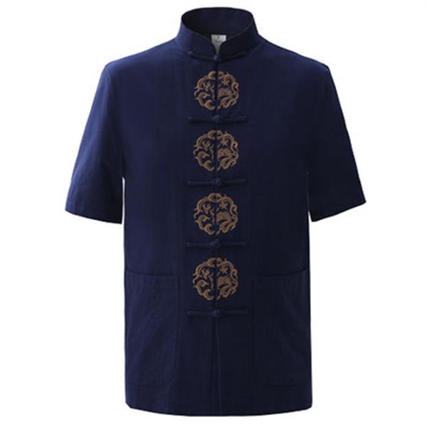 

whole- summer navy blue men's cotton embroidery dragon shirt vintage chinese short sleeve shirt tang suit size  - x2756, White;black