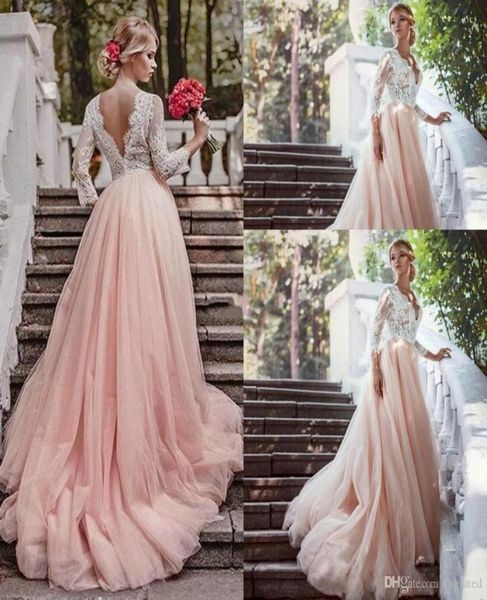 

blush pink lace country 2017 a line wedding dresses vneck long sleeve backless full appliques empire tulle sweep train weddi7206875, White