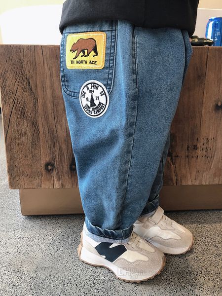 

2023 autumn kids casual jeans fashion boys cartoon letter labeling denim pants children elastic waist soft cowboy trousers z3475v, Blue