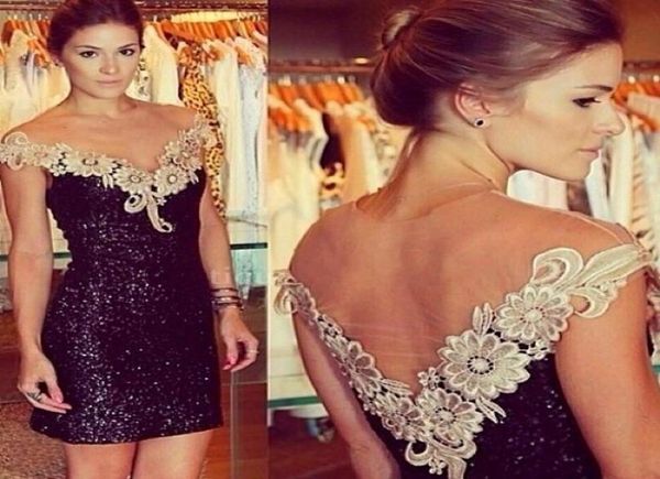 

black sequined mini cocktail dresses with vneck lace appliqued short prom party dresses open back club wear vestido de forma9943459