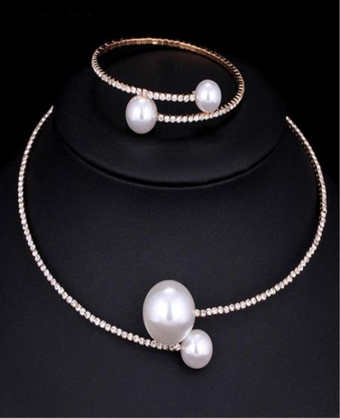 

european and american diamond pearl necklace bracelet suit short clavicle necklace jewelry for women gift 2706740, Silver