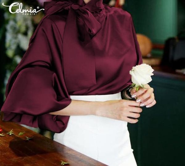 

women blouse 2019 celmia long sleeve high collar ice shirt solid blouse shirt bow tie casual plus size blusas femininas3873370, White