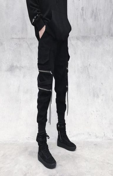 

men039s pants men black cargo punk rave joggers jogging techwear autumn korean streetwear hip hop zipper ribbon8785554