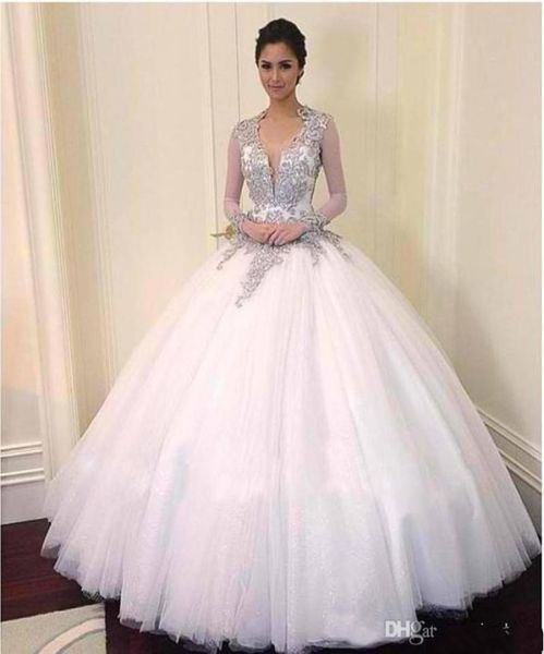 

2019 ball gown wedding dresses long sleeves applique beads v neck tulle backless bridal gowns quinceanera vestido5114923, White