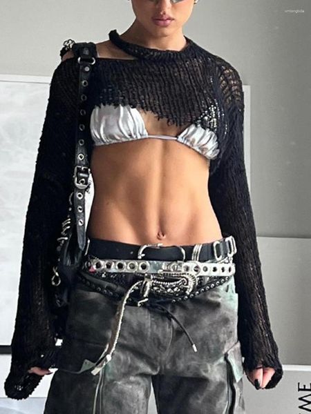 

women's blouses vintage y2k knit crochet crop for women chic long sleeve hollow out sweater shrug 90s gothic cardigan streetwear, White
