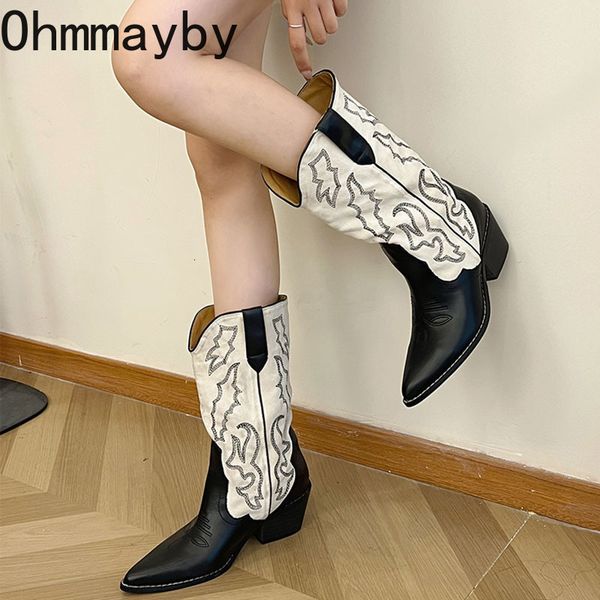 

boots woman western cowgirl boot fashion slip on square mid heel shoes ladies elegant embroidery long booties autumn winter 230810, Black