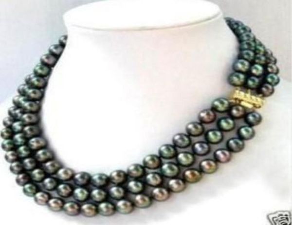 

3 row 78mm black akoya pearl necklace 1719inch01234567592793, Silver