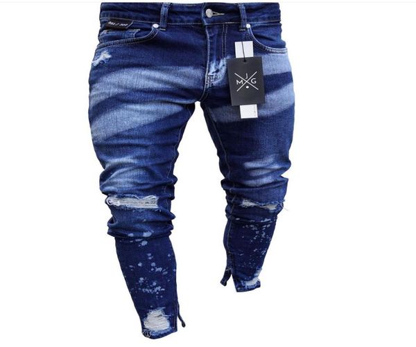 

2021 washed blue mens jeans clothing color gradient pencil jean pants long slim fit zipper biker jeans8889785