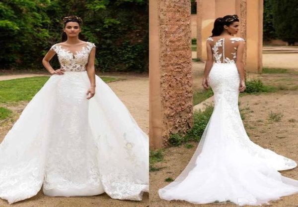 

elegant lace mermaid wedding dresses illusion cap sleeves tulle applique formal wedding bride gowns with detachable skirtba72145740800, White