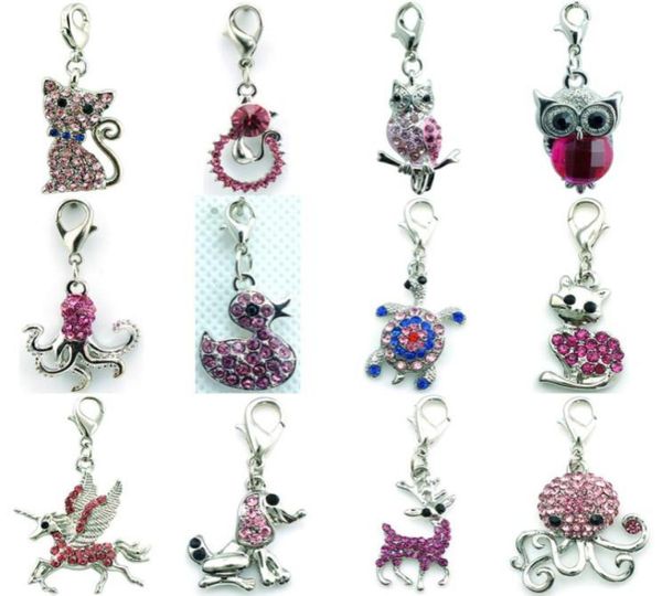 

promotion mix fashion pink crystal dangle animal floating lobster clasp charms for jewelry accessories30646596730336, Bronze;silver