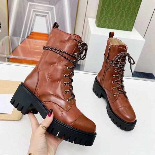 

new autumn and winter brand high-end cowhide boots women's designer g quilted lace up black boots martin boots electroembroidered versi