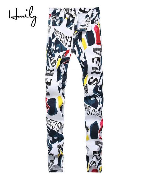 

hmily spring summer men letter print jeans new fashion white male jeans for casual slim fit street designer pants big size x06219259101, Blue