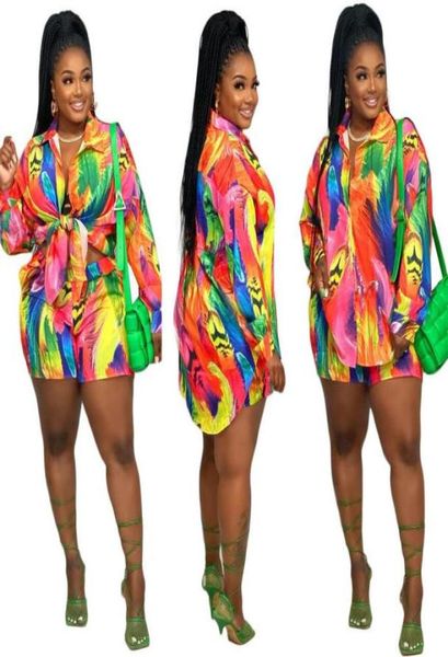 

k7108 european and american women039s twopiece pants colorful casual printed longsleeved shirt shorts5894445, White
