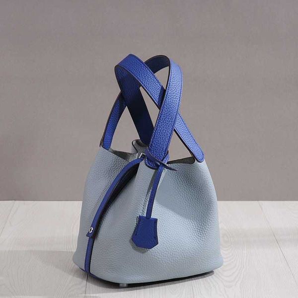 

wholesale designer h ermes totes handbags 2023 new womens bag litchi pattern head layer cowhide leather bucket cabbage blue handh