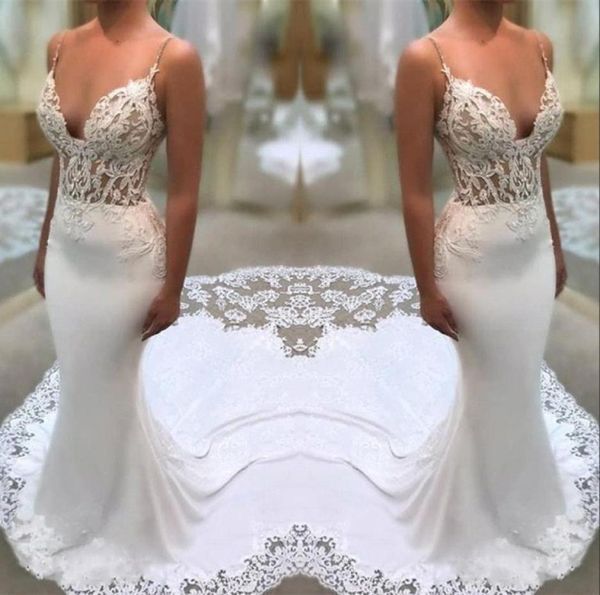 

white lace appliques wedding dresses sheath spaghetti straps mermaid illusion side bridal gowns with court train3498212