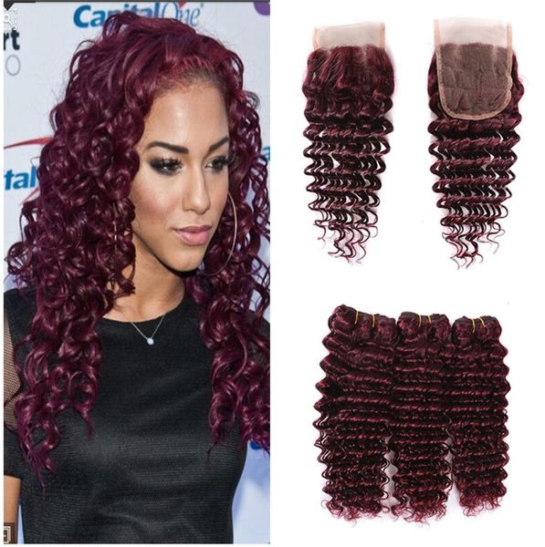 

whole brazilian human hair weave bundles 99j burgundy lace closure with bundles 8a remy deep wave hair bundles with 44 lace c6677520, Black;brown
