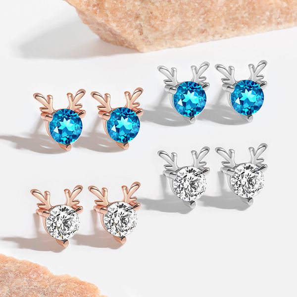 

stud earrings s925 sterling silver women's elk earrings blue shiny crystal a deer with you simple small antler stud earrings luxury jew, Golden;silver