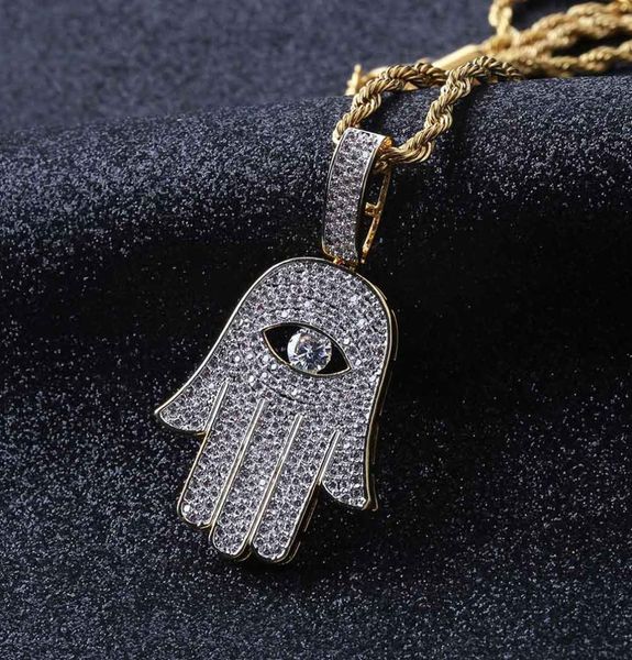 

hip hop microinlaid zircon pierced eye fatima hand pendant necklace gold chain men women jewelry gifts1006741, Silver