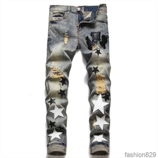 

men's jeans european jean hombre letter star men embroidery patchwork ripped for trend brand motorcycle pant mens skinny designer jeans, Blue