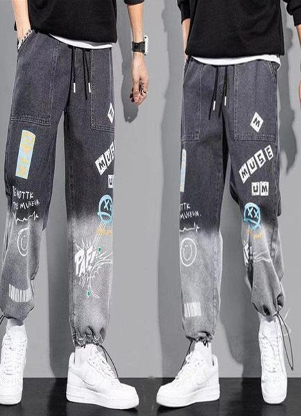 

men039s pants autumn graffiti ankle banded jeans korean style loose casual harem men japanese fashion streetwear trousers4603323, Black