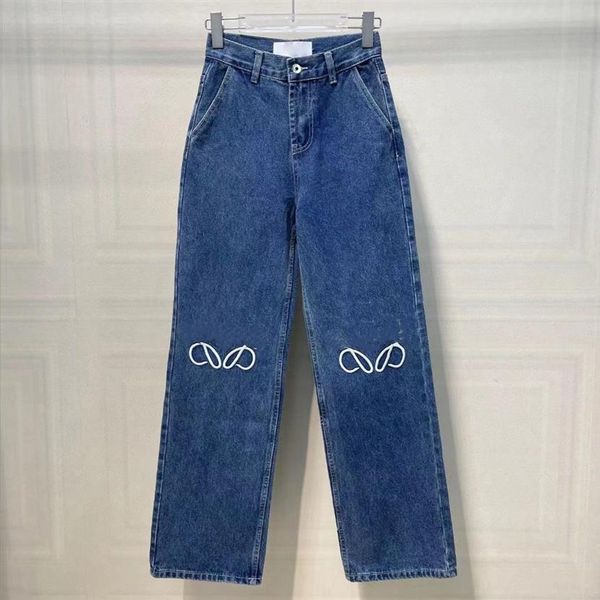 

designer women's jeans arrivals high waist street hollowed out patch embroidered decoration casual blue straight denim pants238a