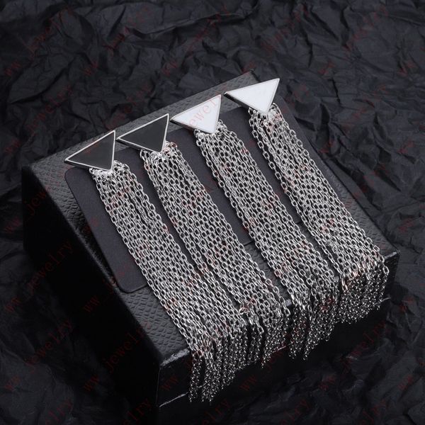 

designer jewelry fashion geometric triangle black/white fringe chain earrings for women dangle & chandelier, with box, Silver
