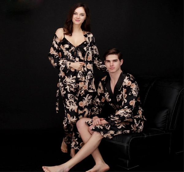 

women039s men039s pajamas set spring summer long sleeve nightwear lovers couple robe sleepwear dragon silk satin lounge slee7341829, Black;red
