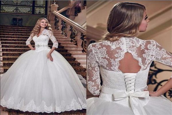 

vintage v neck cut out back laceup long bridal gowns charming white france lace 34 long sleeve ball gown wedding dresses8954988