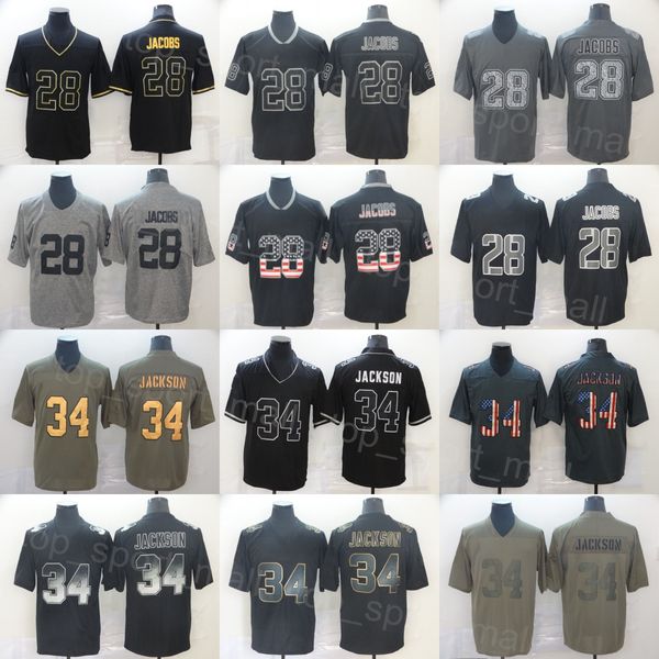 

mans football 34 bo jackson jersey 28 josh jacobs stitched goddess olive salute to service hyphenation color rush shadow smoke flag rainbow, Black;red