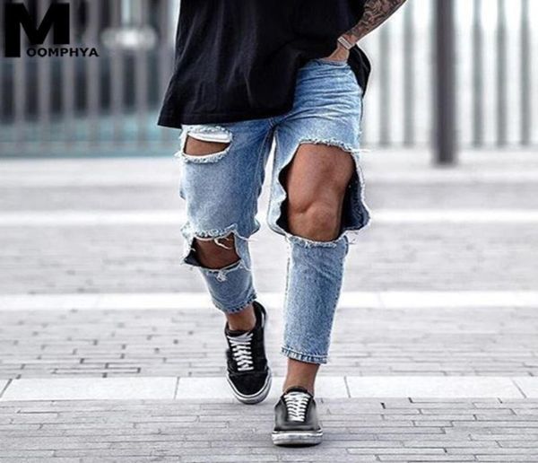

moomphya 2019 new distressed big holes skinny jeans men streetwear hip hop mens ripped jeans denim pants stylish men blue4790877, Blue