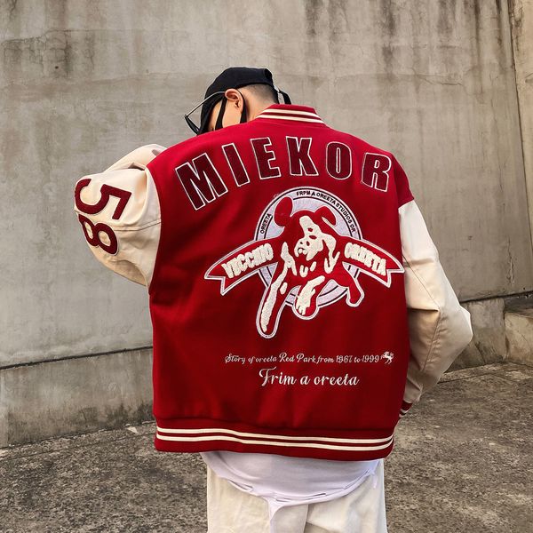 

mens jackets black red oversize varsity jacket vintage men r letter embroidery baseball bomber coats women hip hop streetwear leather sleeve, Black;brown