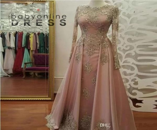 

elegant arabic long sleeves lace a line evening dresses sheer lace applique beaded floor length formal party prom gowns2479994, Black;red