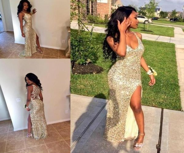 

sparkle gold sequins arabic high slit prom dresses party v neck sheath backless plus size african graduate gowns eveing wear5077796, Black