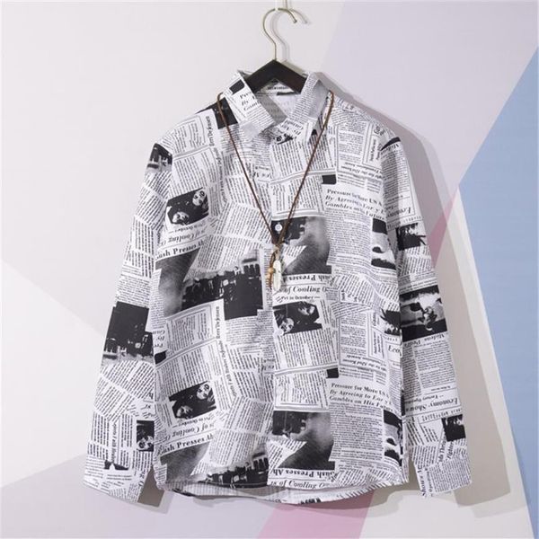 

2020 men street wear summer shirt casual newspaper printed shirt hawaii beach long sleeve shirts harujuku male blouse camisa311r, White;black