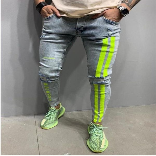 

jeans men skinny striped zipper denim hole wash vintage hip hop work trousers slim printed jeans european big size men clothing301l, Blue