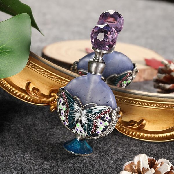 

wholesale middle east style perfume bottles 7ml empty glass perfume bottle elegant purple enamel butterfly refillable essential oil bottles