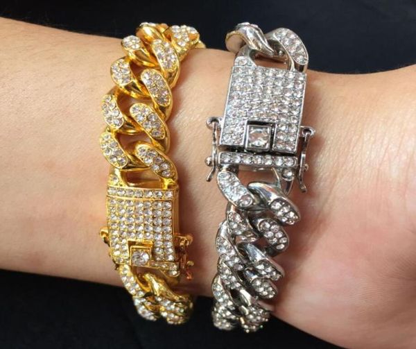 

12mm mens luxury iced out diamond fashion bracelets bangles gold cuban link chain miami bracelet hip hop jewelry gift7421703, Black