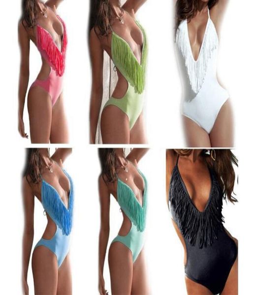 

women039s fringe monokini swimwear fringe deep vneck chest opening halter onepiece swimsuit bathing suit beac6805197, White;black