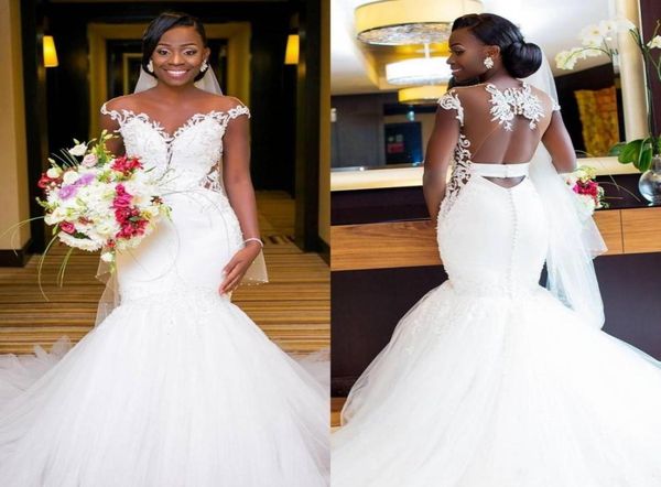 

new arrival african mermaid wedding dresses 2020 illusion backless applique lace court train mermaid bridal dress wedding gowns pl5994181, White
