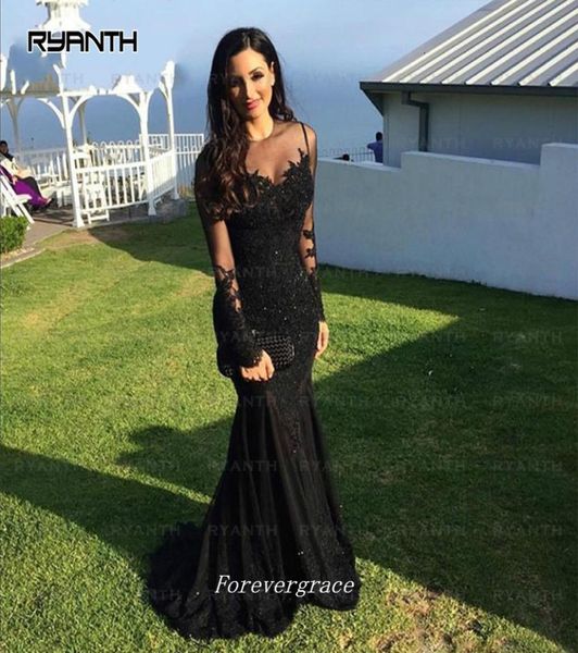 

attractive black long sleeves prom dress mermaid sheer neck women wear special occasion formal party graduation dress plus size6361549