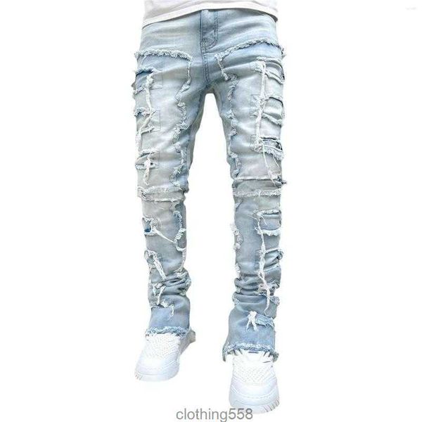 

men's jeans regular fit stacked patch distressed destroyed straight denim pants streetwear clothes casual jean, Blue