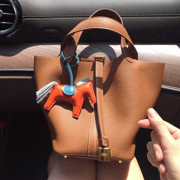 

vegetable basket bags picotin lock female genuine leather 2023 first layer cowhide handbag large capacity bucket bag brand tote lu230