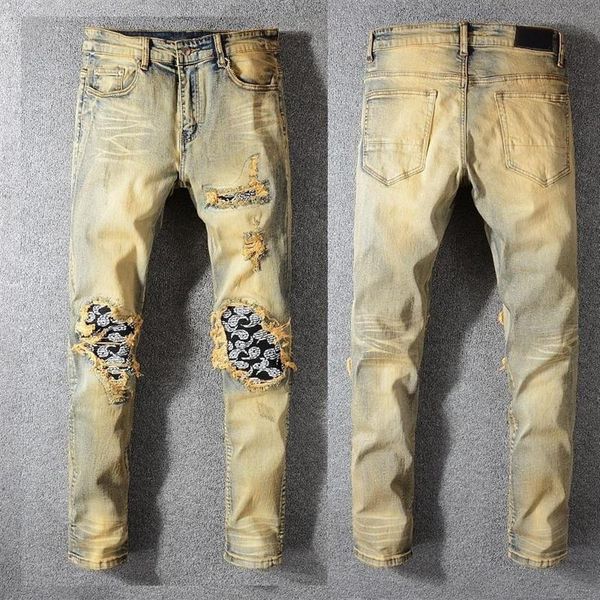 

new italy style #582# men's distressed dirty washed denim blue jeans art ribs patches skinny pants slim trousers size 28-40239d