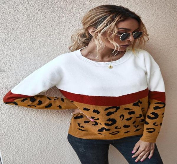 

women leopard patchwork knitted sweaters fashion casual long sleeve crewneck color block autumn winter ladies oneck jumper pullov6895761, White;black