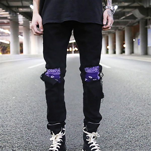 

plegie bandana patchwork ripped on knee men's jeans high street jeans men hip hop denim pants slim fit black joggers270i, Blue