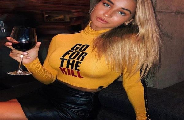 

autumn new side stripe crop women casual long sleeve tshirt high collar letter printing 7327045, White