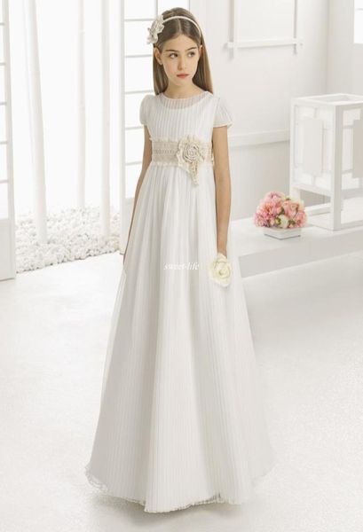 

vintage flower girl dresses for wedding empire waist short sleeve tulle with lace sash children first communion gowns4640917, White;blue
