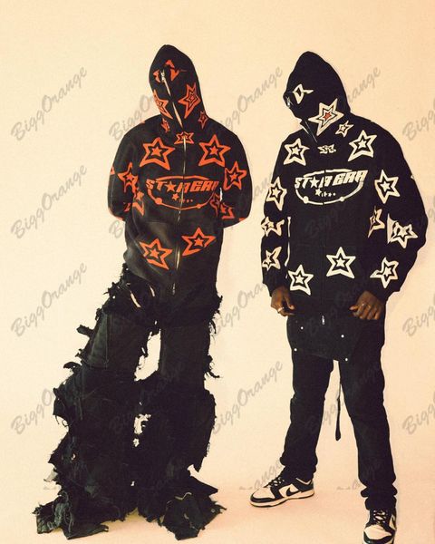 

mens hoodies sweatshirts for men american style y2k zip up hoodie couple cardigan jacket full face zipper loose super star print clothing 23, Black